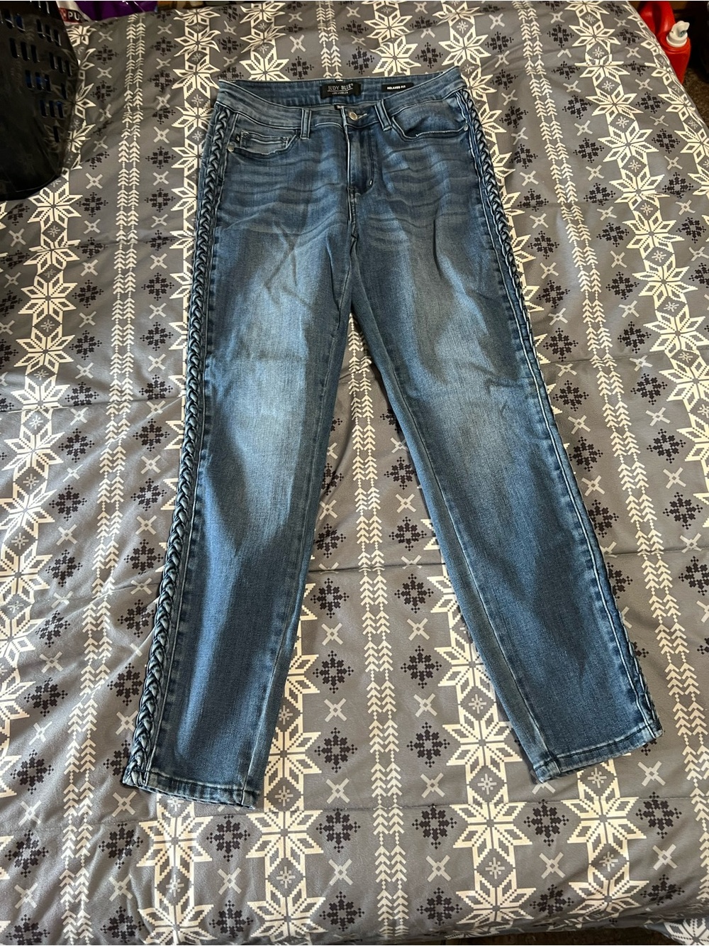 Judy Blue Medium Wash Straight Leg Jeans with Braided Side Trim